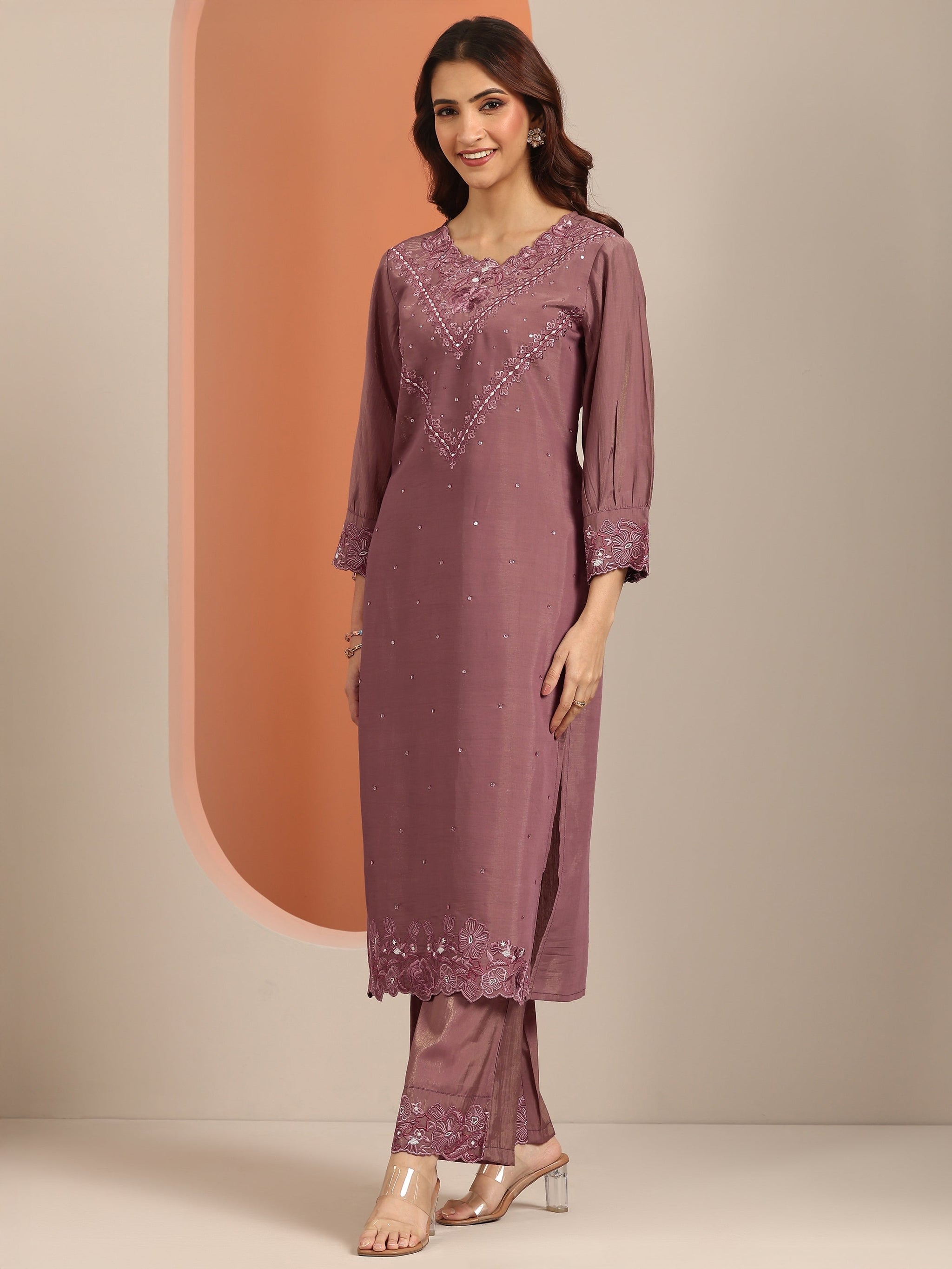 Libas Mauve Embroidered Silk Blend Straight Suit With Dupatta