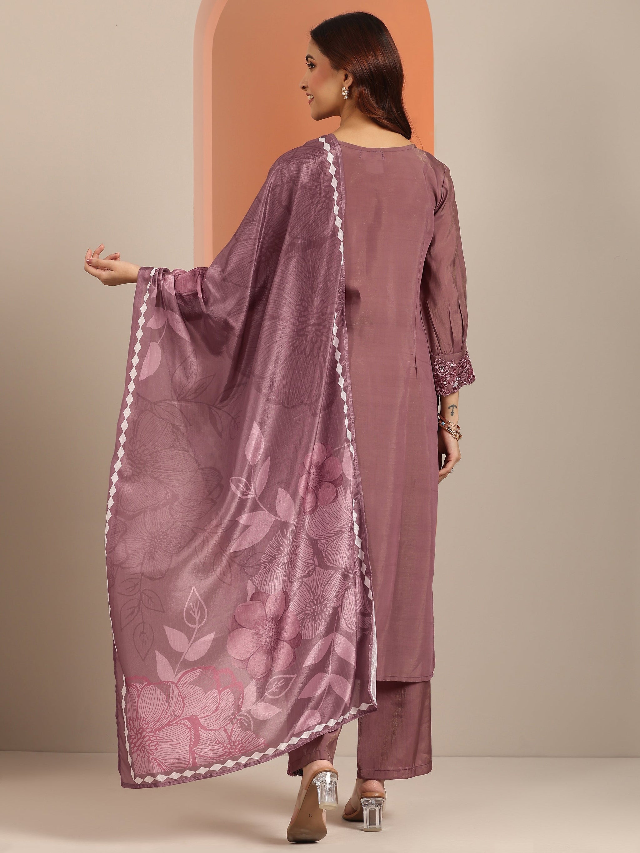 Libas Mauve Embroidered Silk Blend Straight Suit With Dupatta