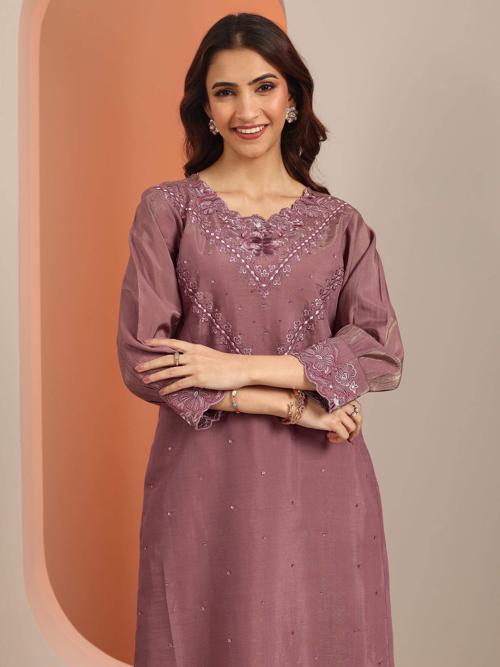 Libas Mauve Embroidered Silk Blend Straight Suit With Dupatta