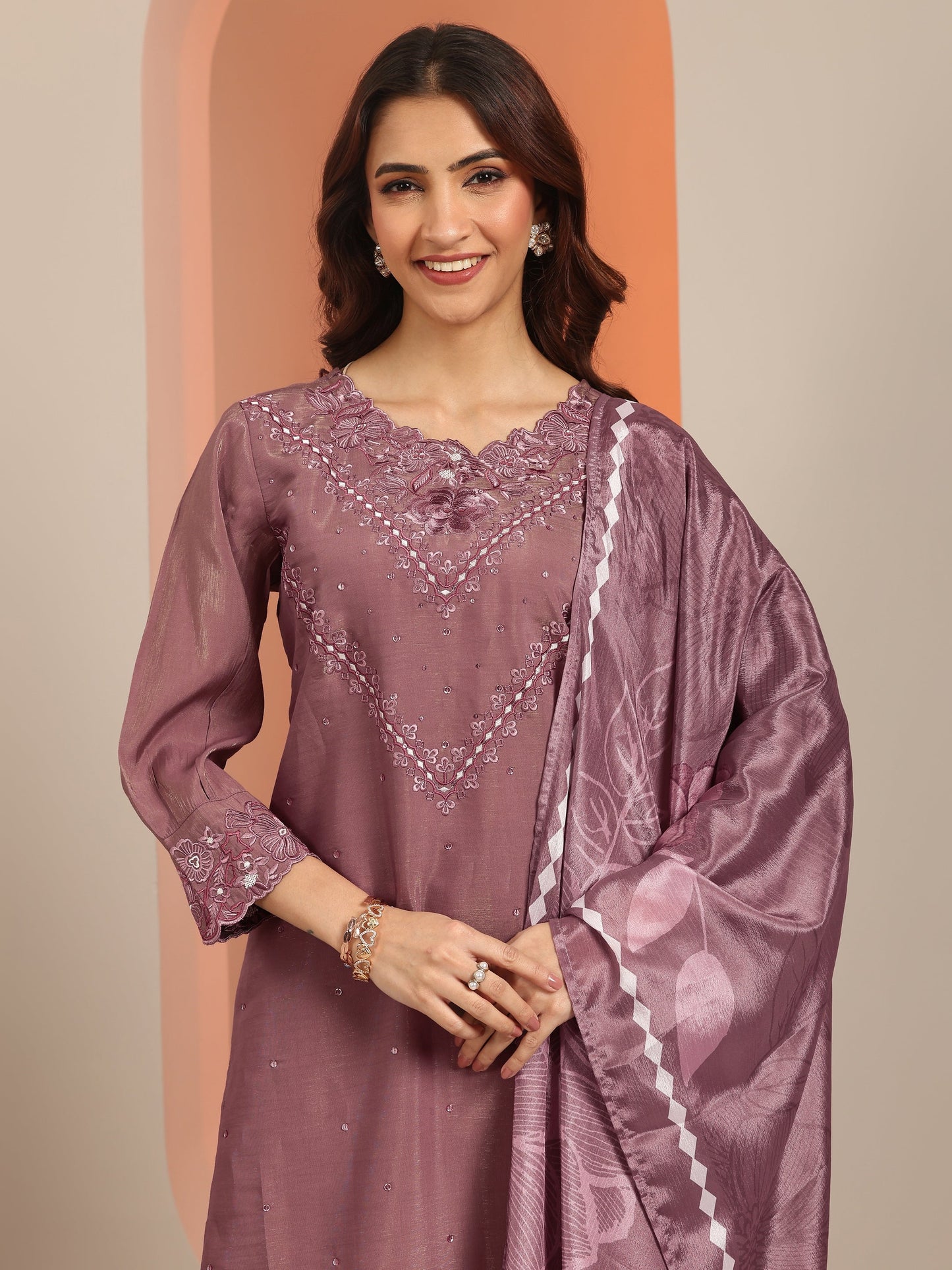 Libas Mauve Embroidered Silk Blend Straight Suit With Dupatta