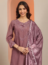 Libas Mauve Embroidered Silk Blend Straight Suit With Dupatta