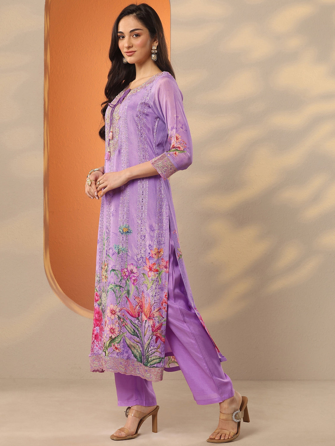 Mameraa Lavender Embroidered Chinon Straight Suit Set With Dupatta