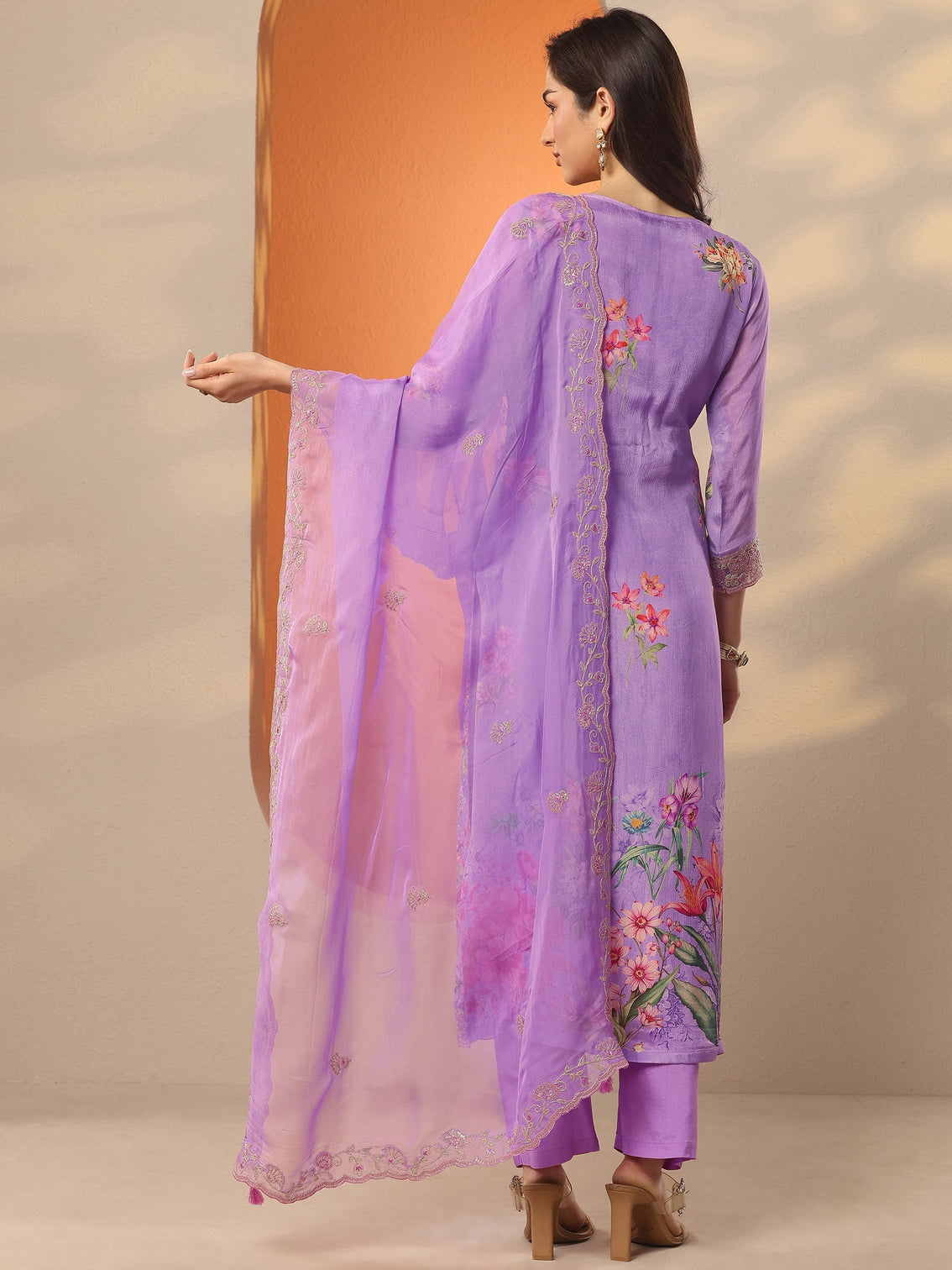 Mameraa Lavender Embroidered Chinon Straight Suit Set With Dupatta