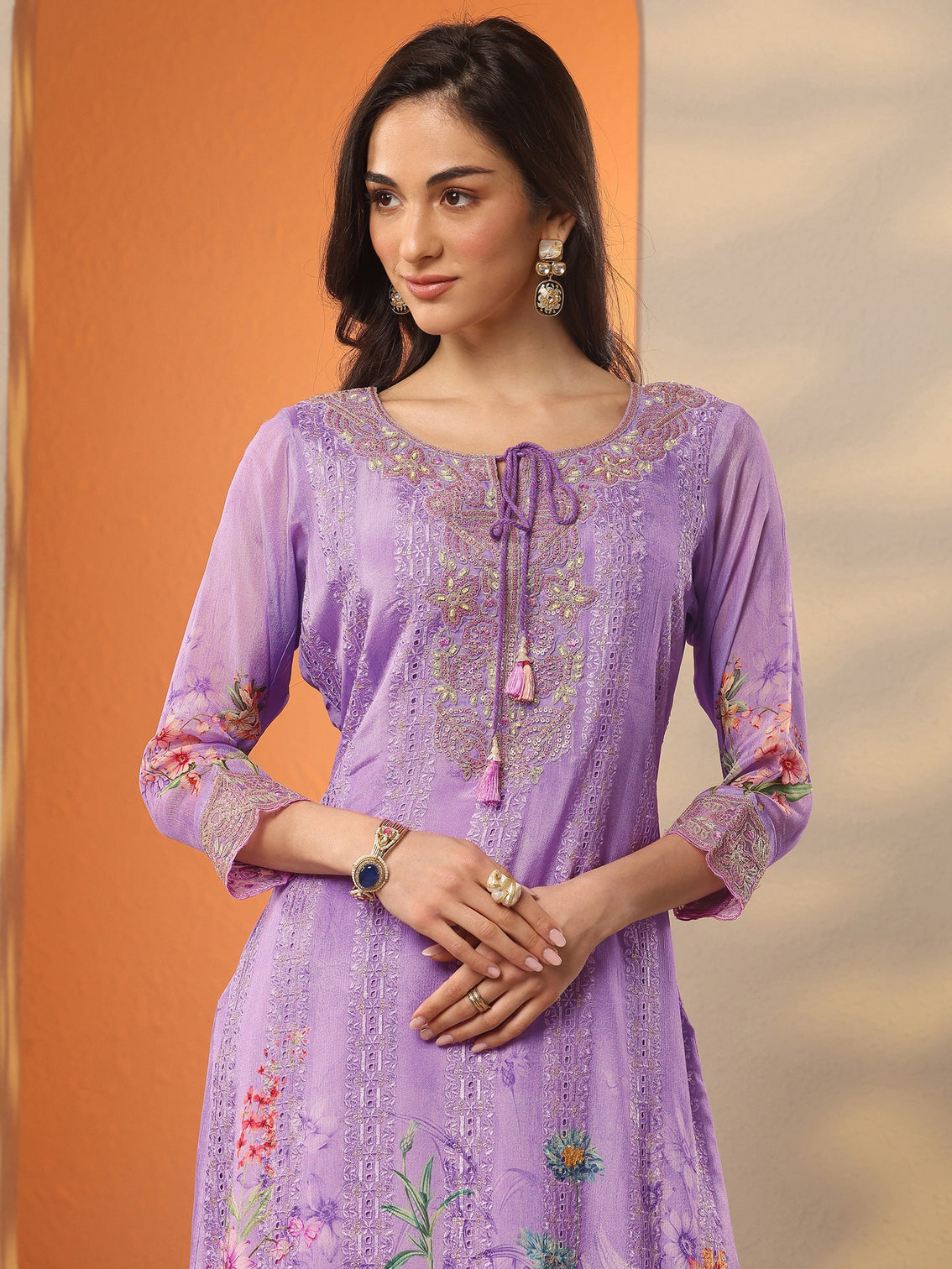 Mameraa Lavender Embroidered Chinon Straight Suit Set With Dupatta