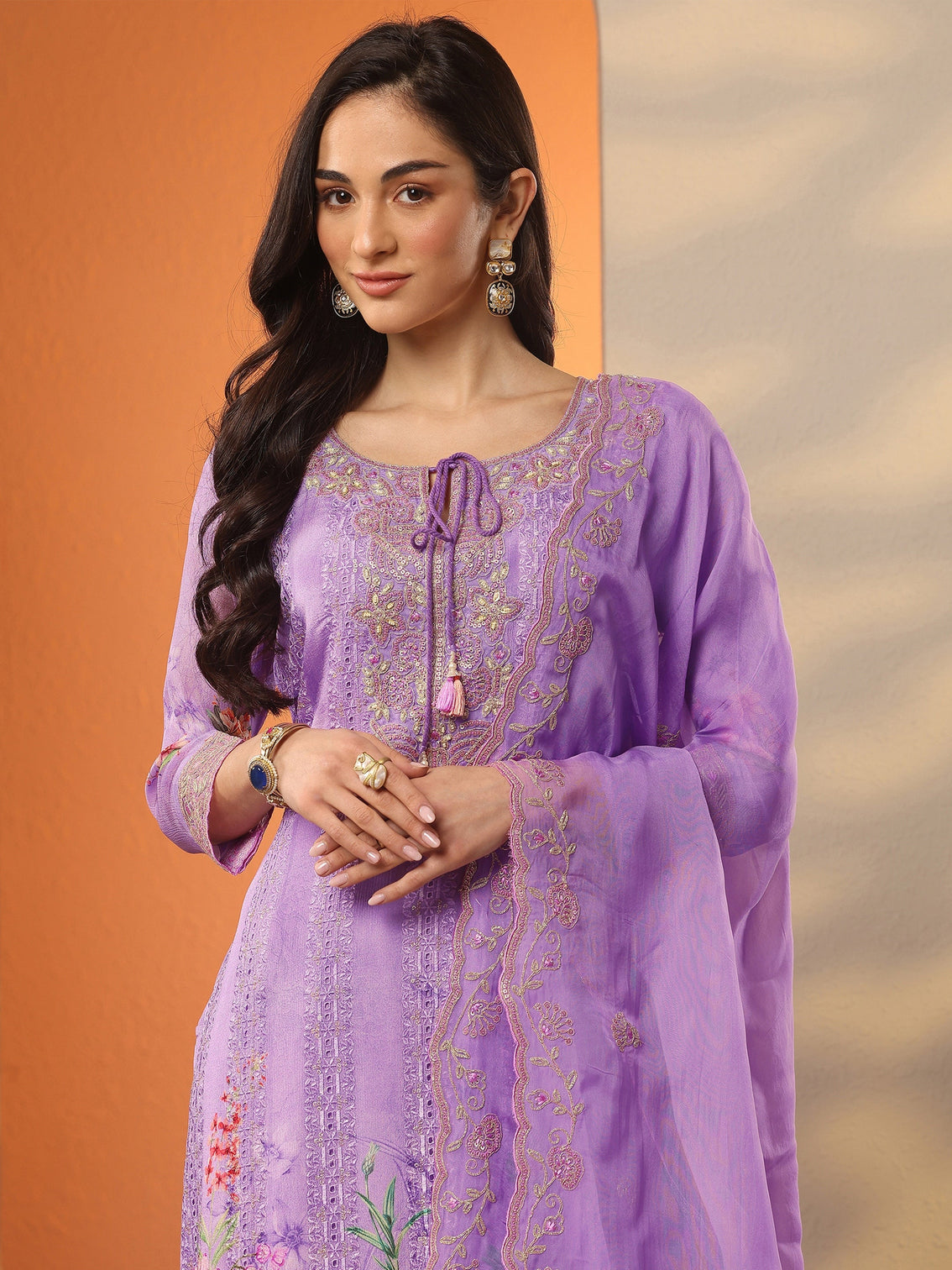 Mameraa Lavender Embroidered Chinon Straight Suit Set With Dupatta