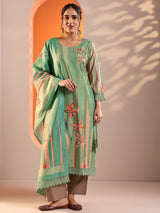Libas Green Abstract Printed Crepe Straight Suit Set With Dupatta
