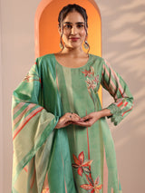 Libas Green Abstract Printed Crepe Straight Suit Set With Dupatta