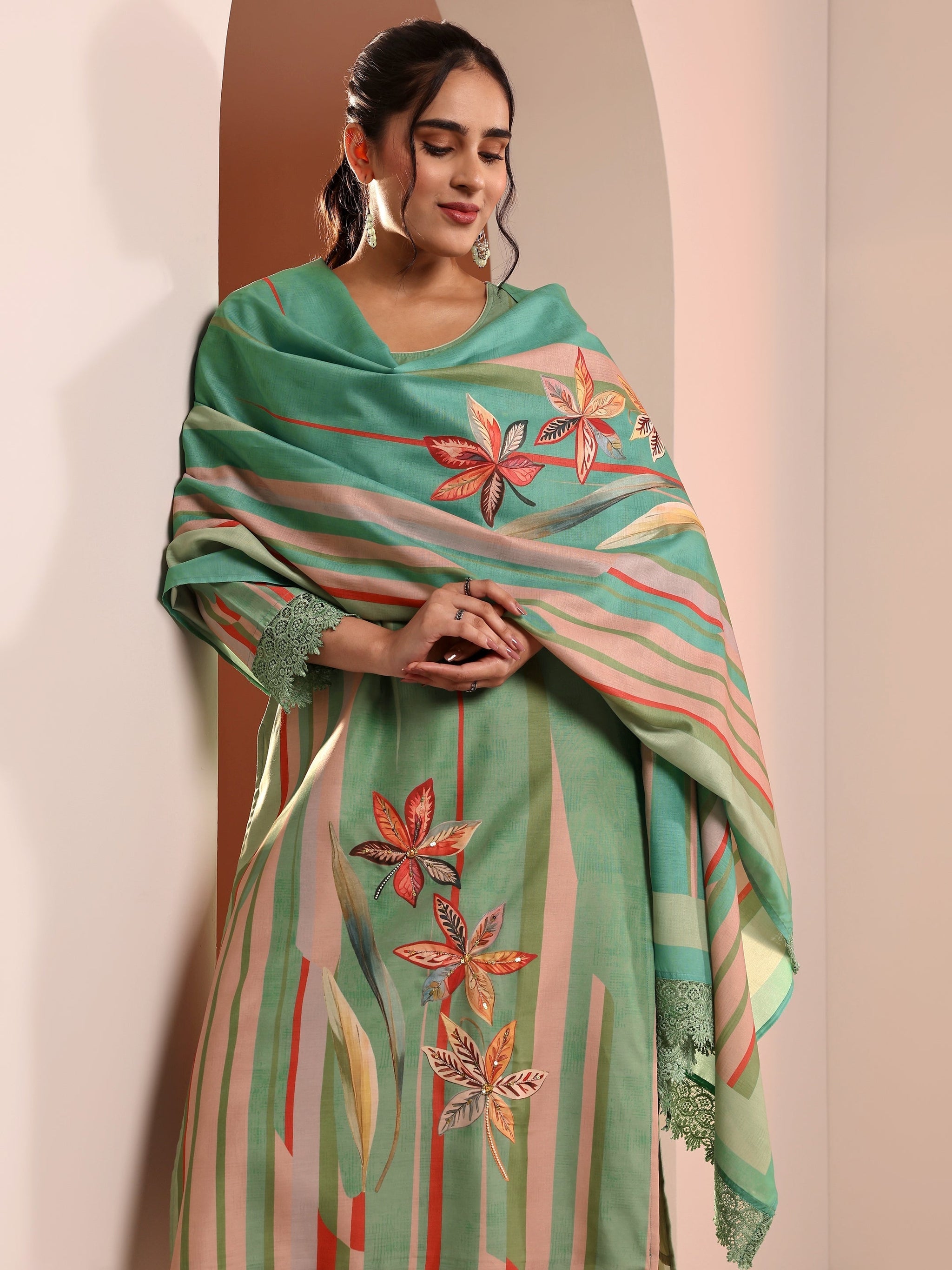 Libas Green Abstract Printed Crepe Straight Suit Set With Dupatta