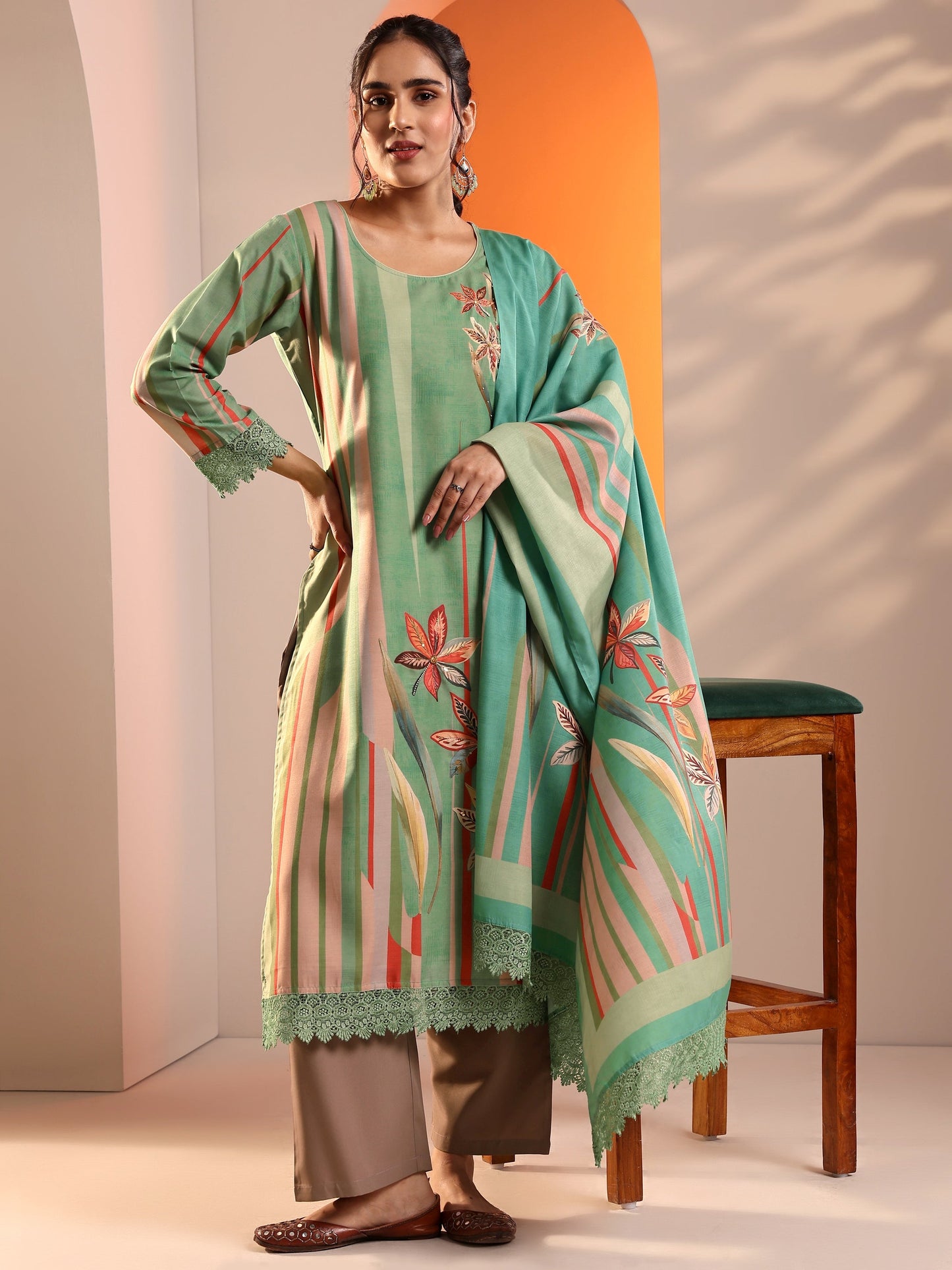 Libas Green Abstract Printed Crepe Straight Suit Set With Dupatta