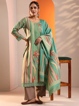 Libas Green Abstract Printed Crepe Straight Suit Set With Dupatta