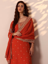 Libas Orange Embellished Georgette Straight Suit Set With Dupatta