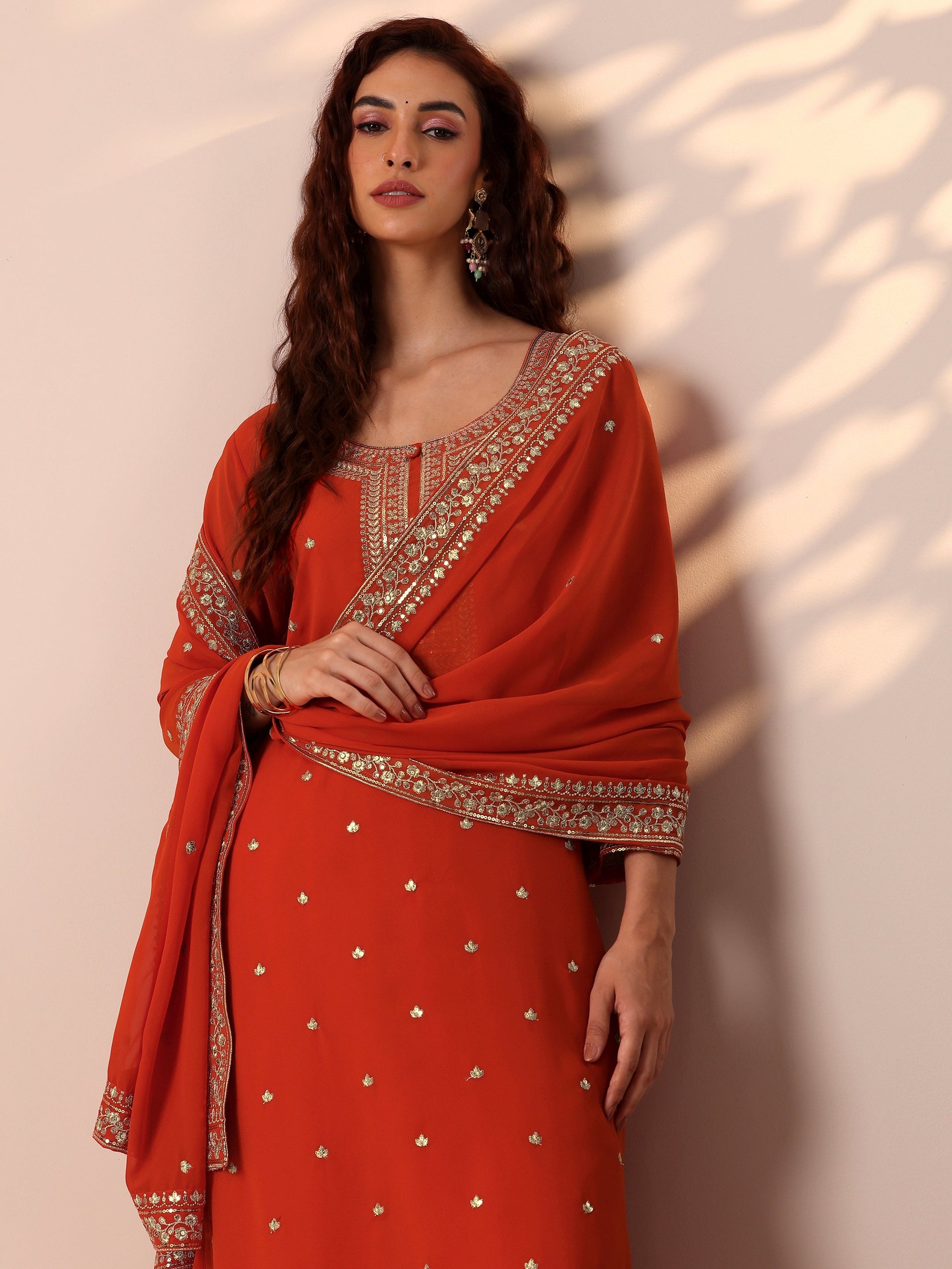 Libas Orange Embellished Georgette Straight Suit Set With Dupatta