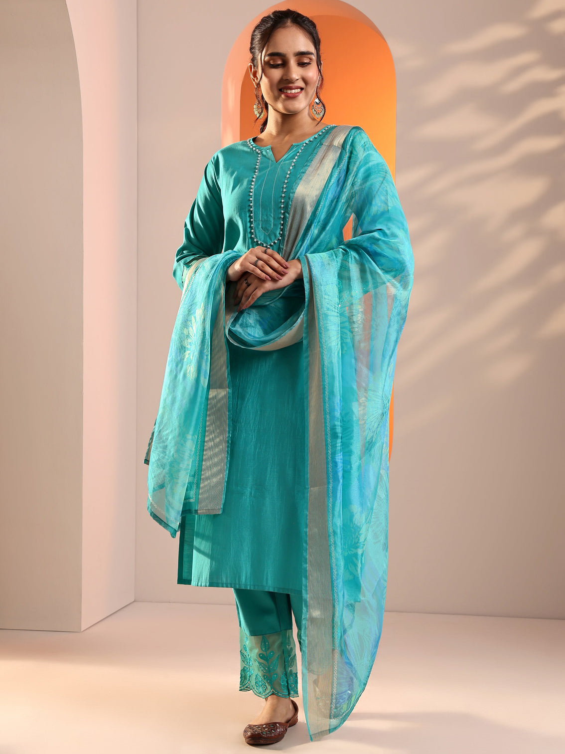 Mameraa Blue Embellished Silk Blend Straight Suit Set With Dupatta