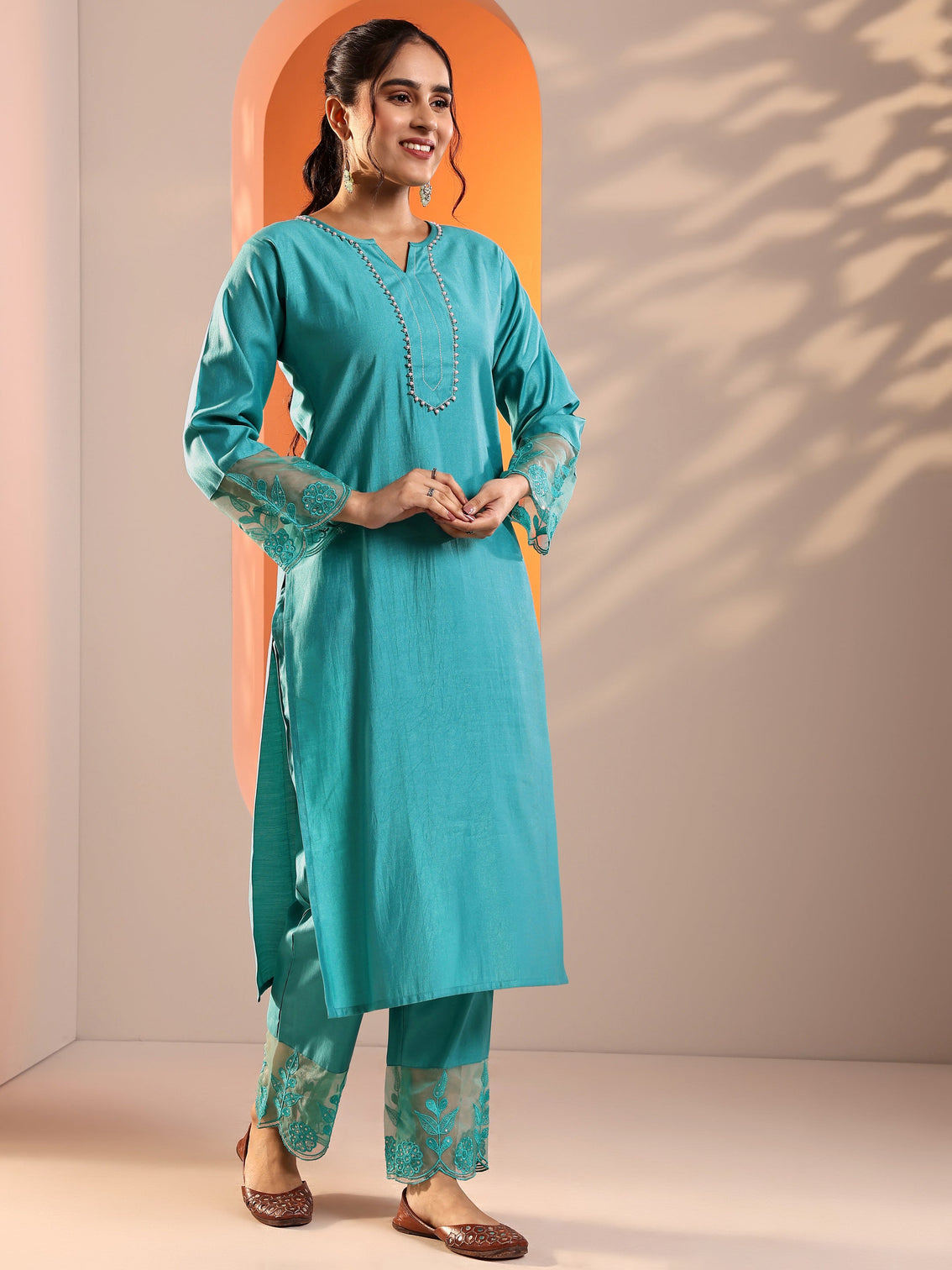 Mameraa Blue Embellished Silk Blend Straight Suit Set With Dupatta