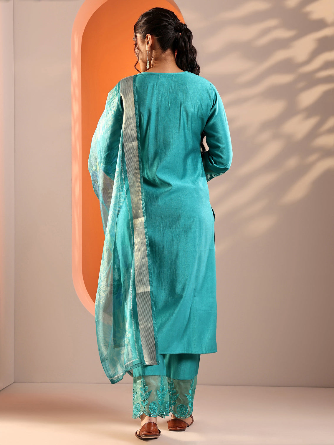 Mameraa Blue Embellished Silk Blend Straight Suit Set With Dupatta