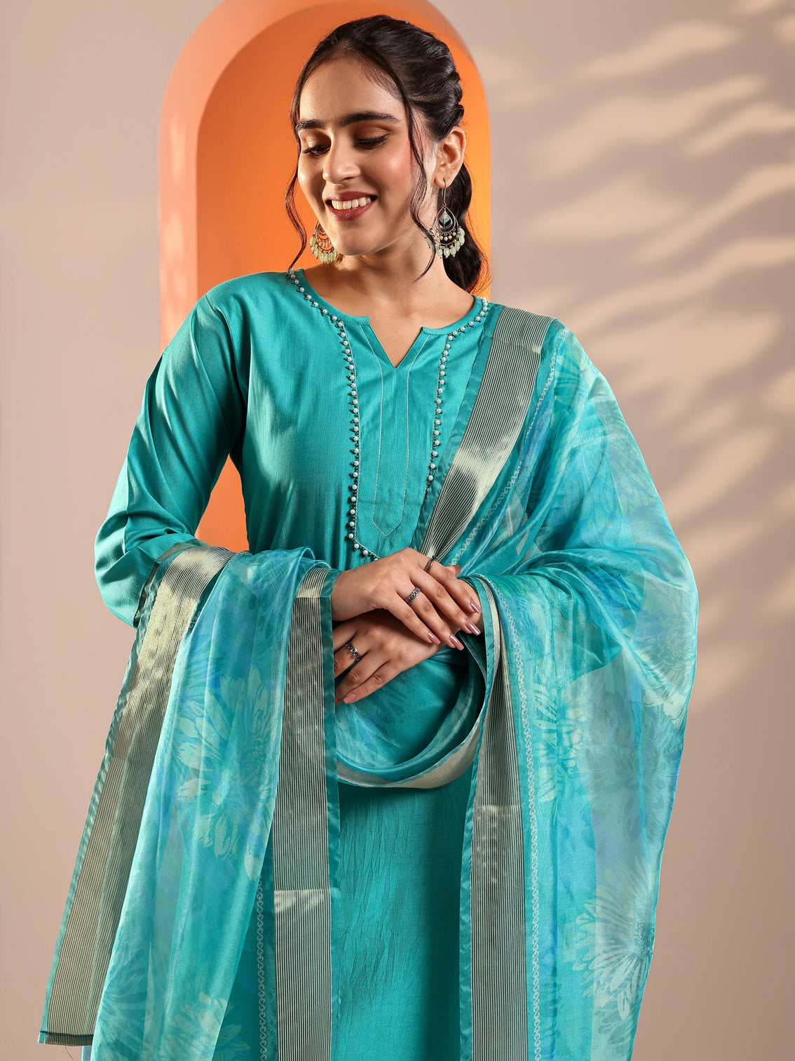 Mameraa Blue Embellished Silk Blend Straight Suit Set With Dupatta