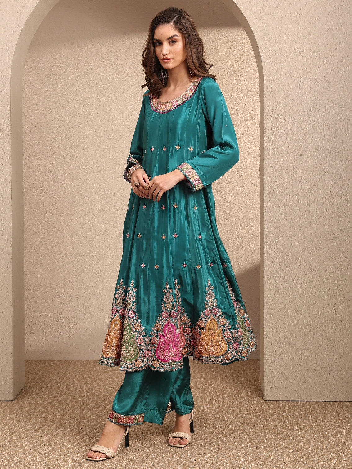 Mameraa Art Blue Embroidered Crepe Anarkali Suit Set With Dupatta