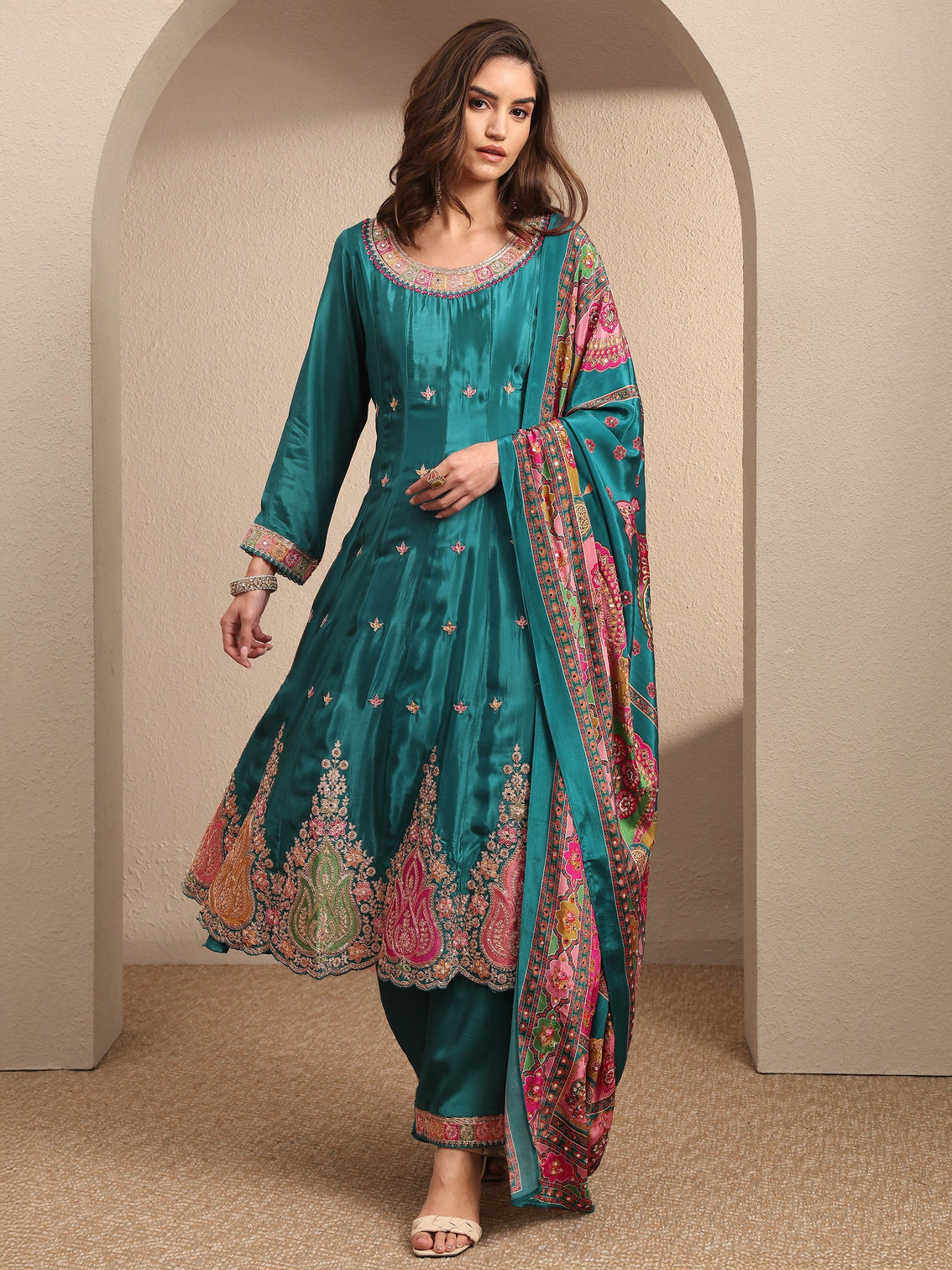 Mameraa Art Blue Embroidered Crepe Anarkali Suit Set With Dupatta