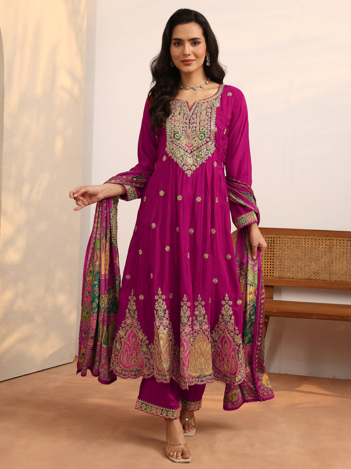 Mameraa Art Pink Embroidered Crepe Anarkali Suit Set With Dupatta