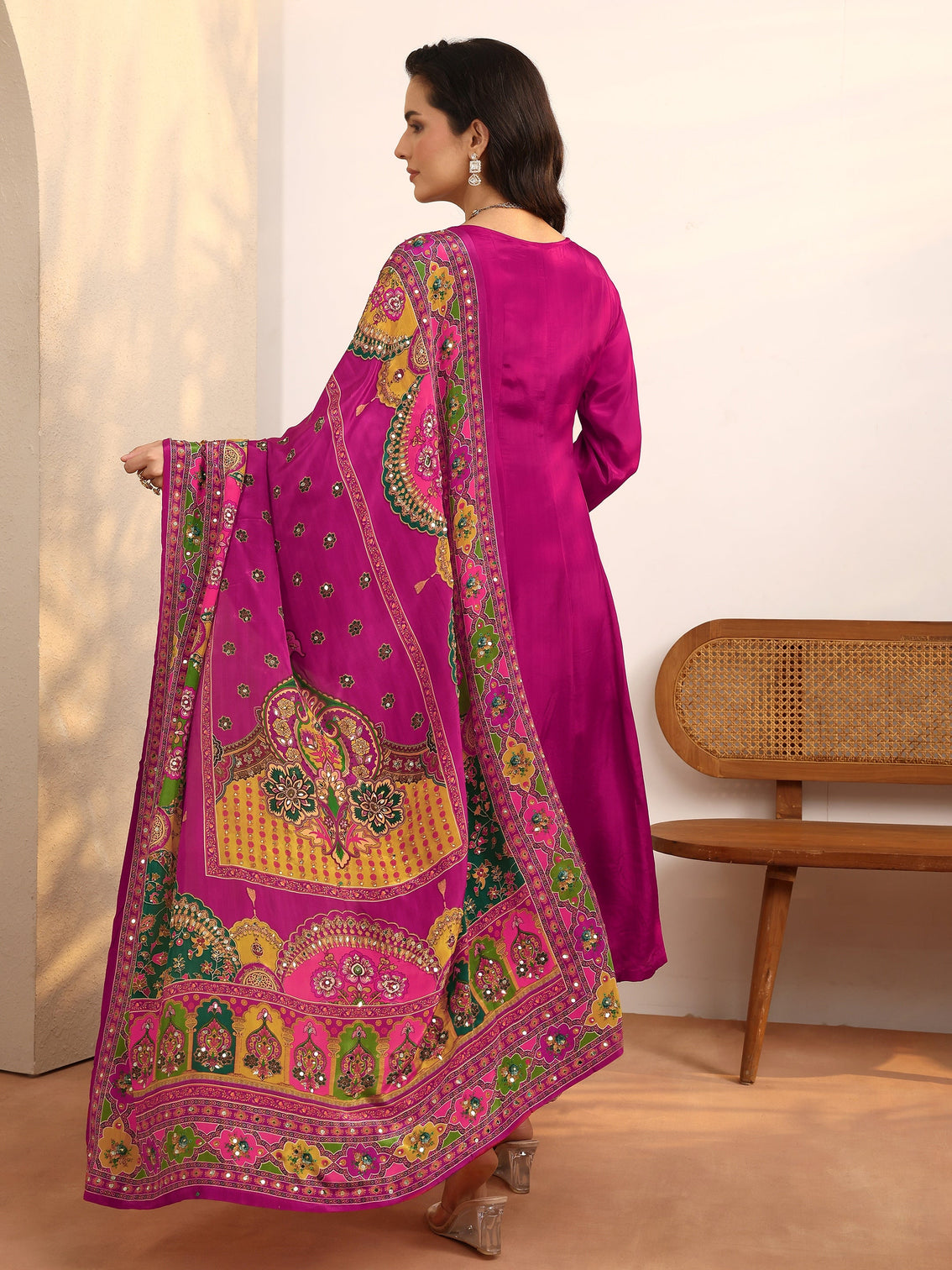 Mameraa Art Pink Embroidered Crepe Anarkali Suit Set With Dupatta