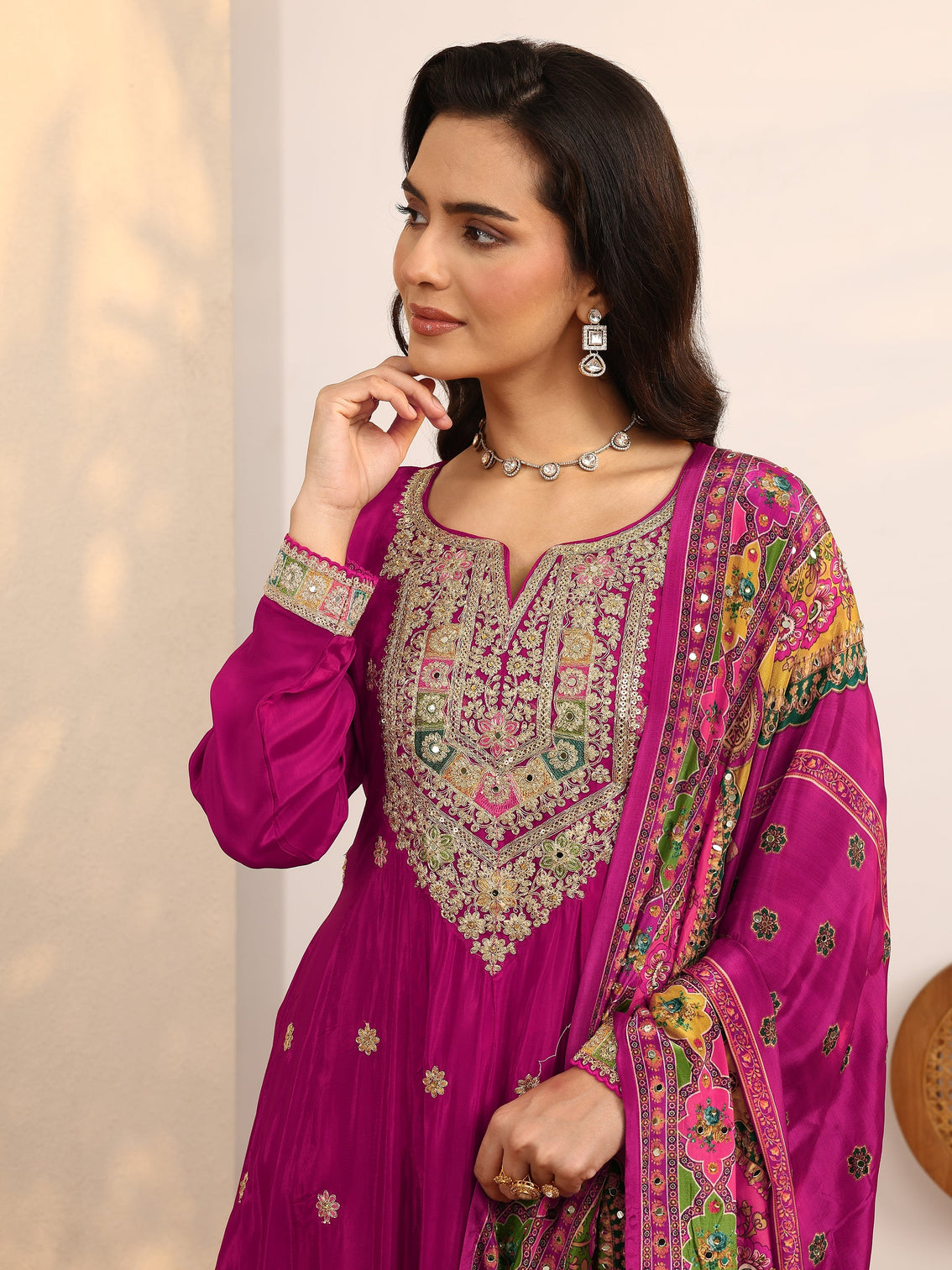 Mameraa Art Pink Embroidered Crepe Anarkali Suit Set With Dupatta