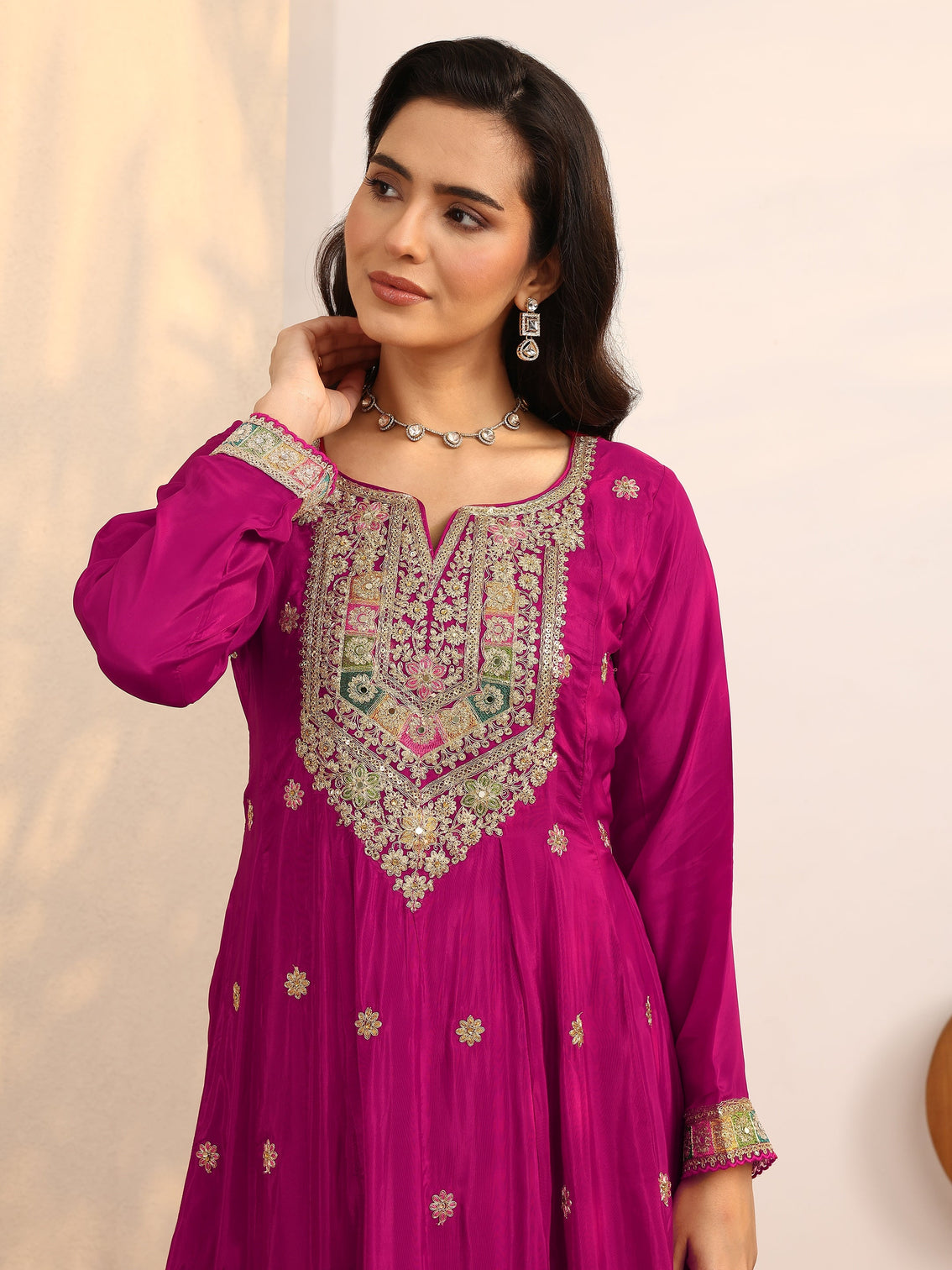 Mameraa Art Pink Embroidered Crepe Anarkali Suit Set With Dupatta
