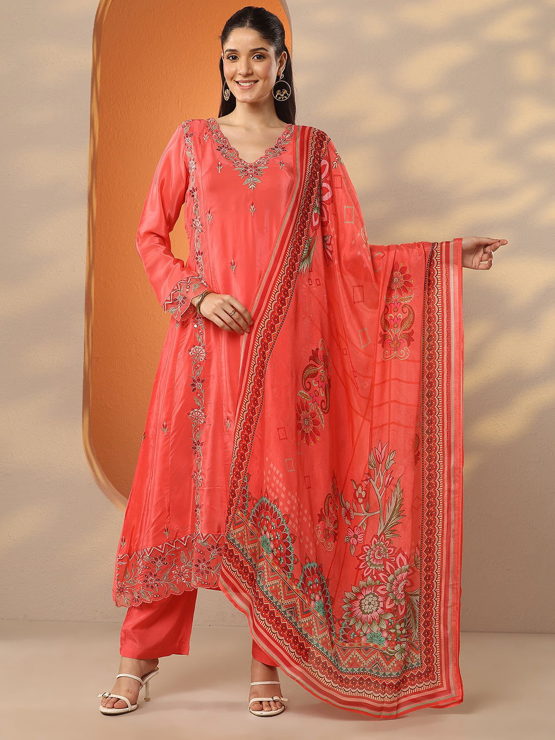 Mameraa Coral Embroidered Crepe A-Line Suit Set With Dupatta