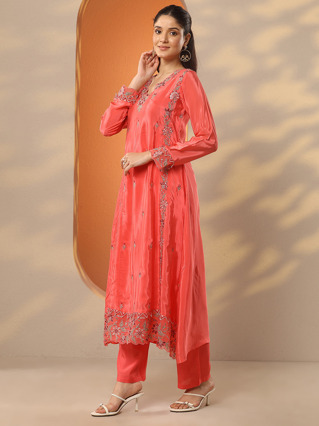 Mameraa Coral Embroidered Crepe A-Line Suit Set With Dupatta
