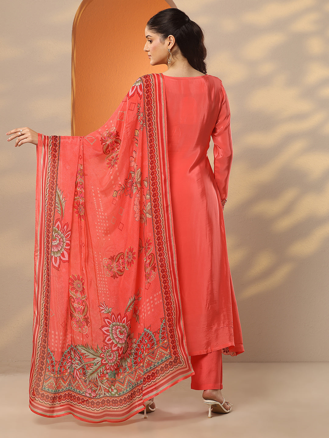 Mameraa Coral Embroidered Crepe A-Line Suit Set With Dupatta