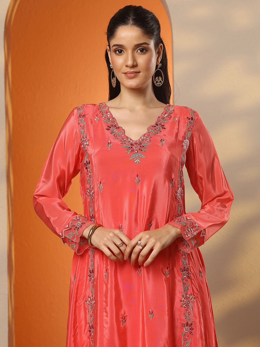 Mameraa Coral Embroidered Crepe A-Line Suit Set With Dupatta