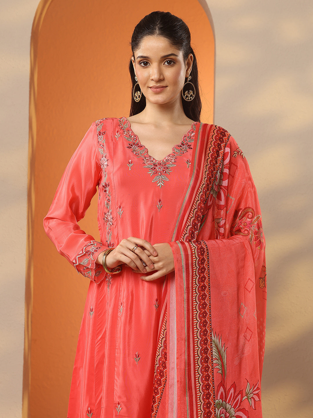 Mameraa Coral Embroidered Crepe A-Line Suit Set With Dupatta