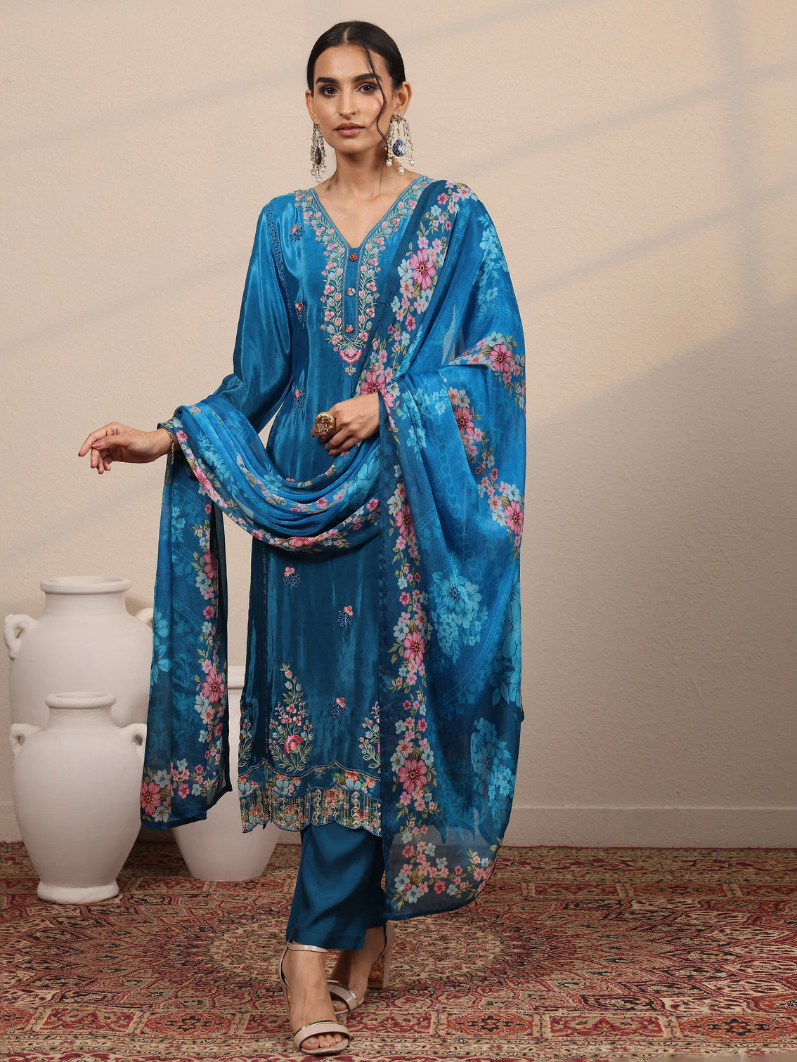 Mameraa Blue Embroidered Crepe Straight Suit Set With Dupatta
