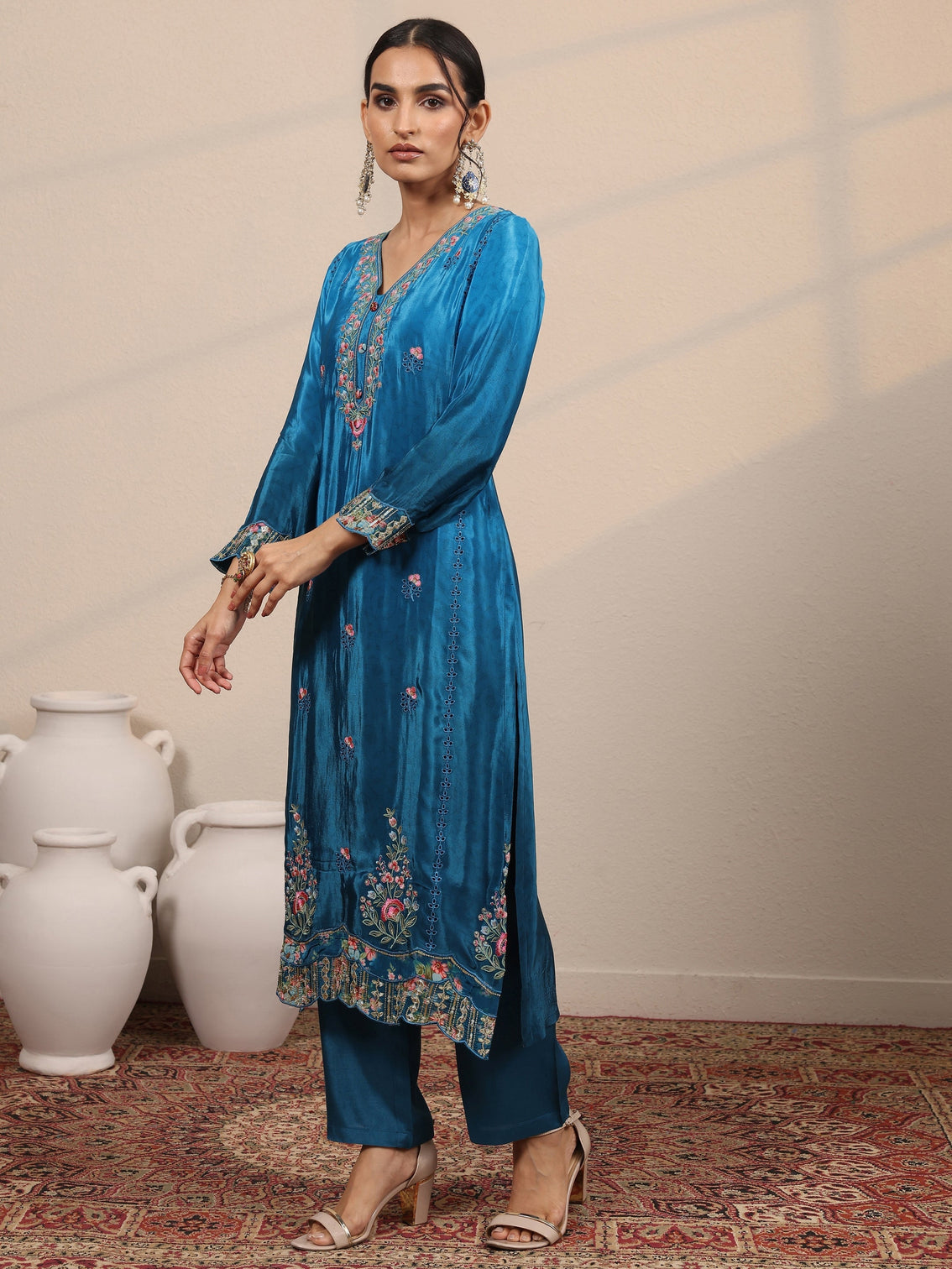 Mameraa Blue Embroidered Crepe Straight Suit Set With Dupatta