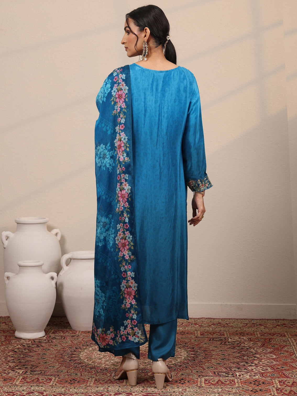 Mameraa Blue Embroidered Crepe Straight Suit Set With Dupatta