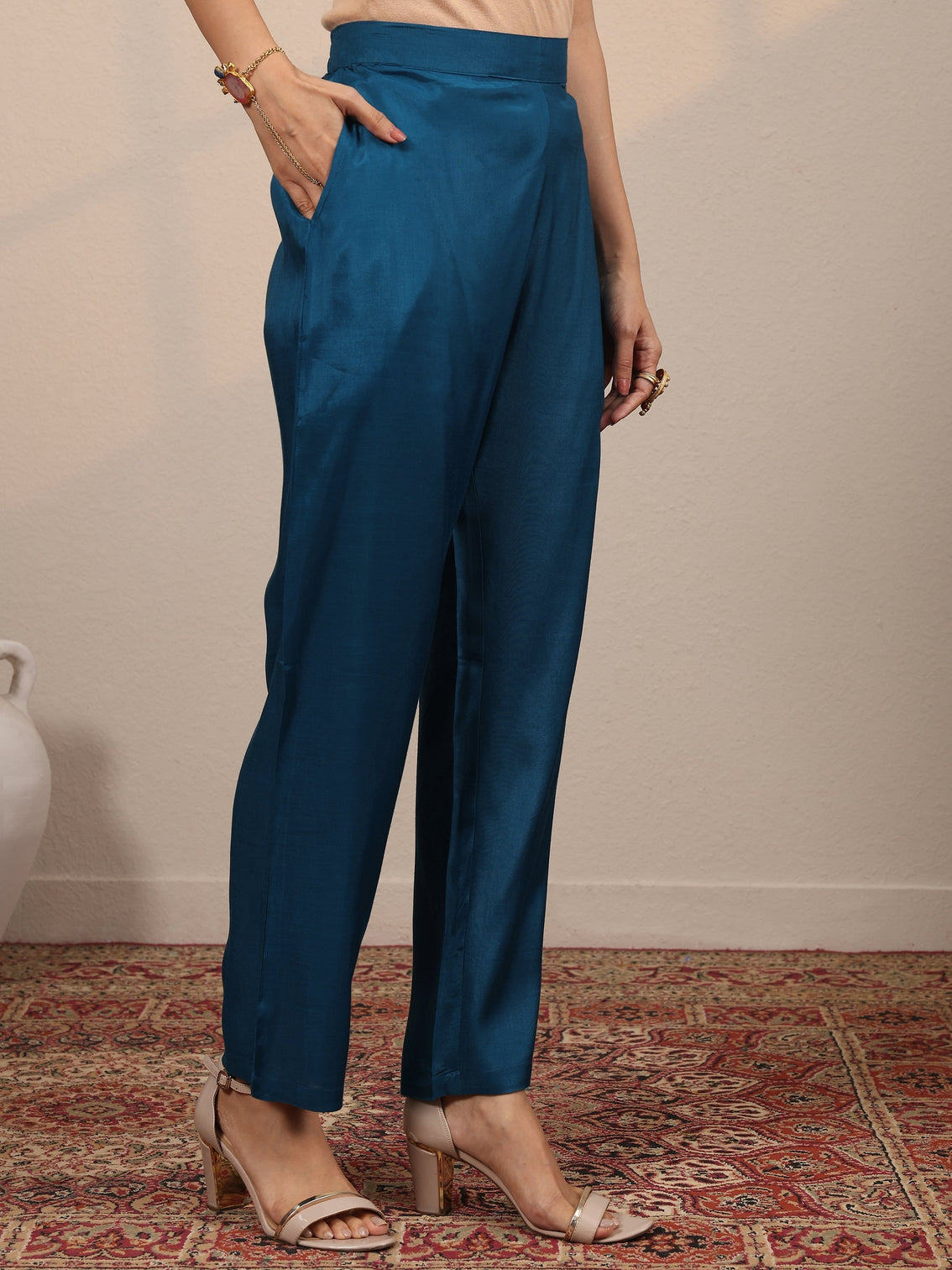 Mameraa Blue Embroidered Crepe Straight Suit Set With Dupatta