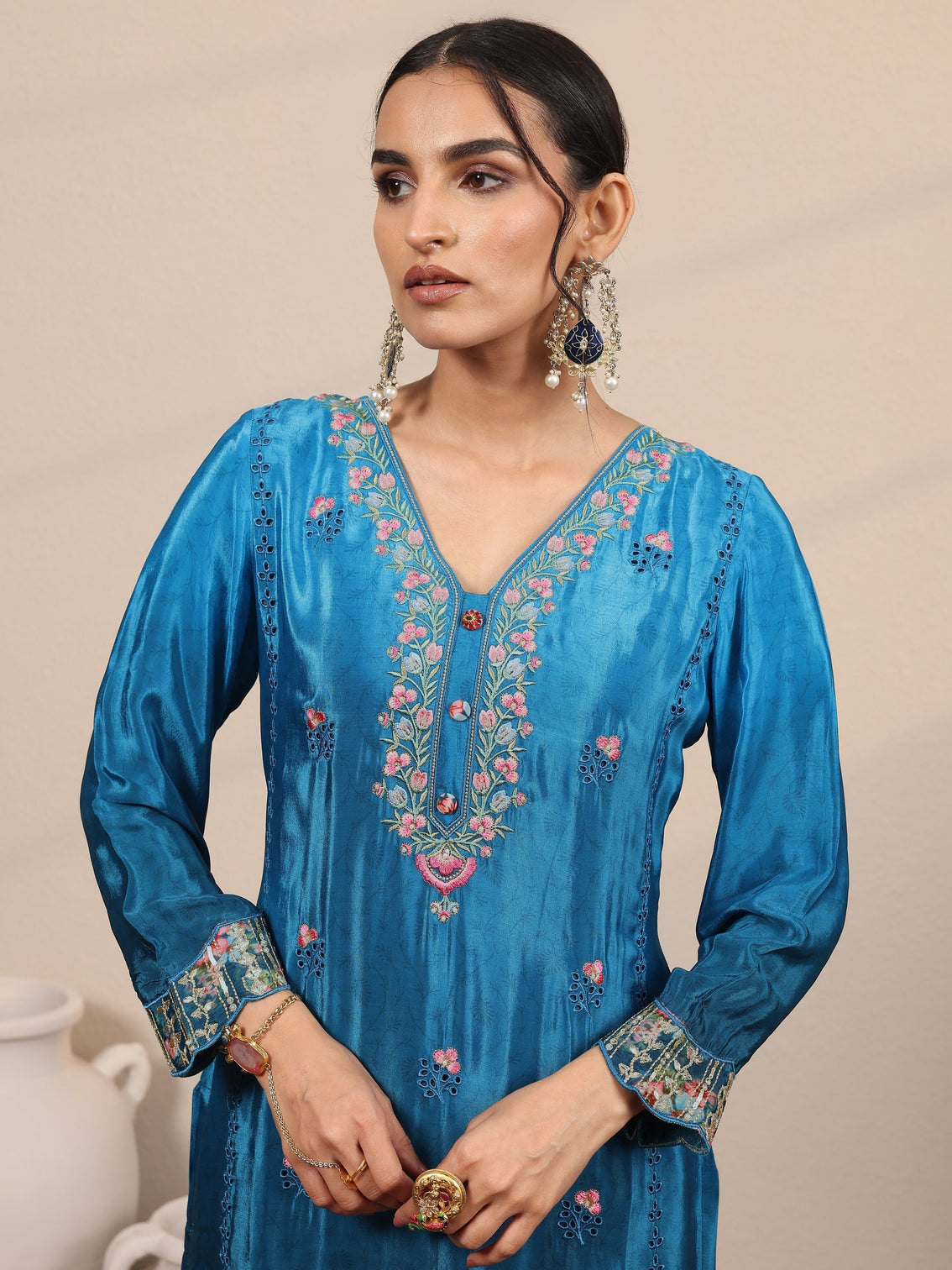 Mameraa Blue Embroidered Crepe Straight Suit Set With Dupatta