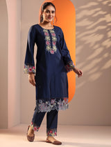 Libas Navy Blue Embroidered Silk Blend Straight Suit Set With Dupatta