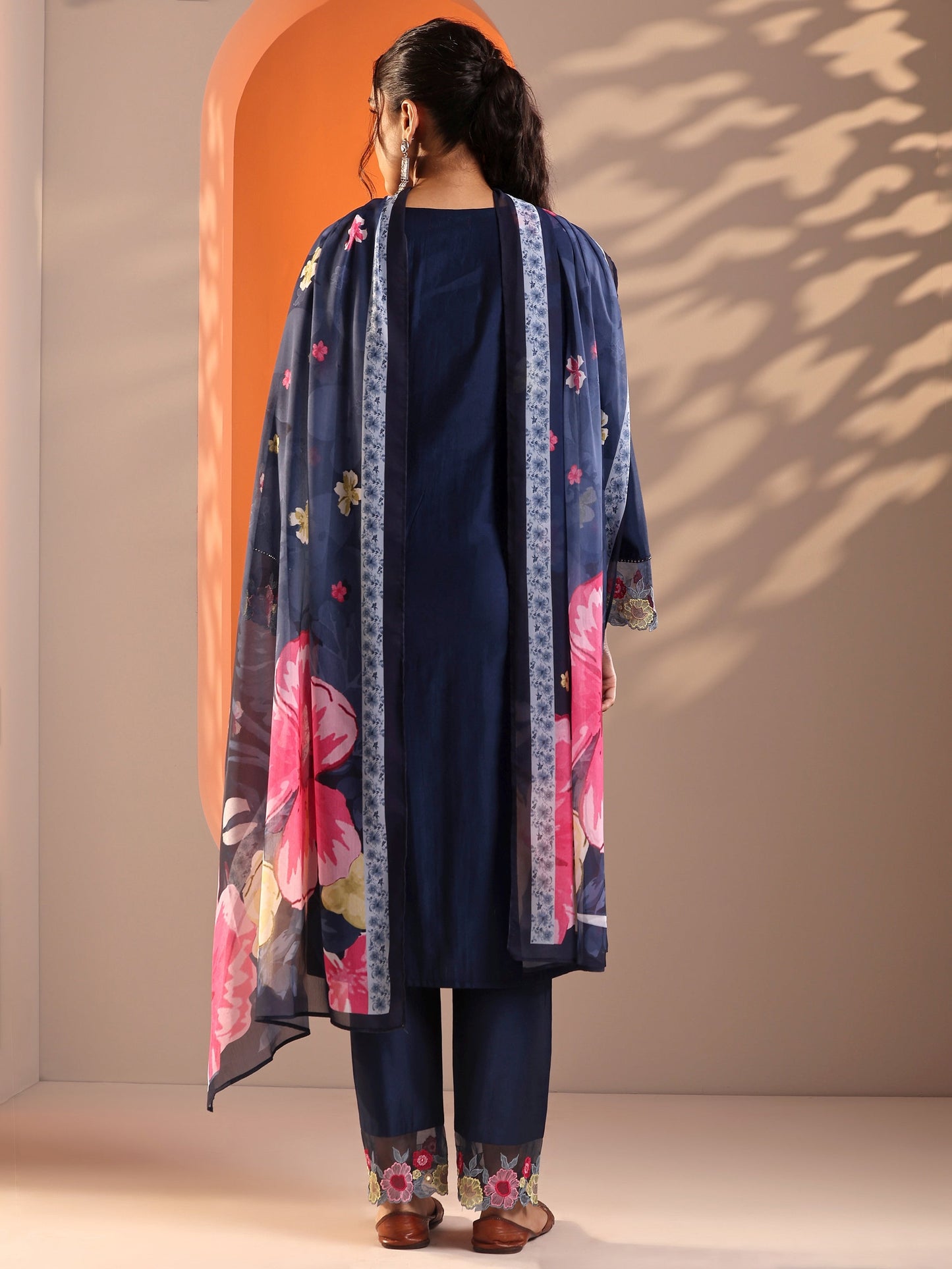 Libas Navy Blue Embroidered Silk Blend Straight Suit Set With Dupatta