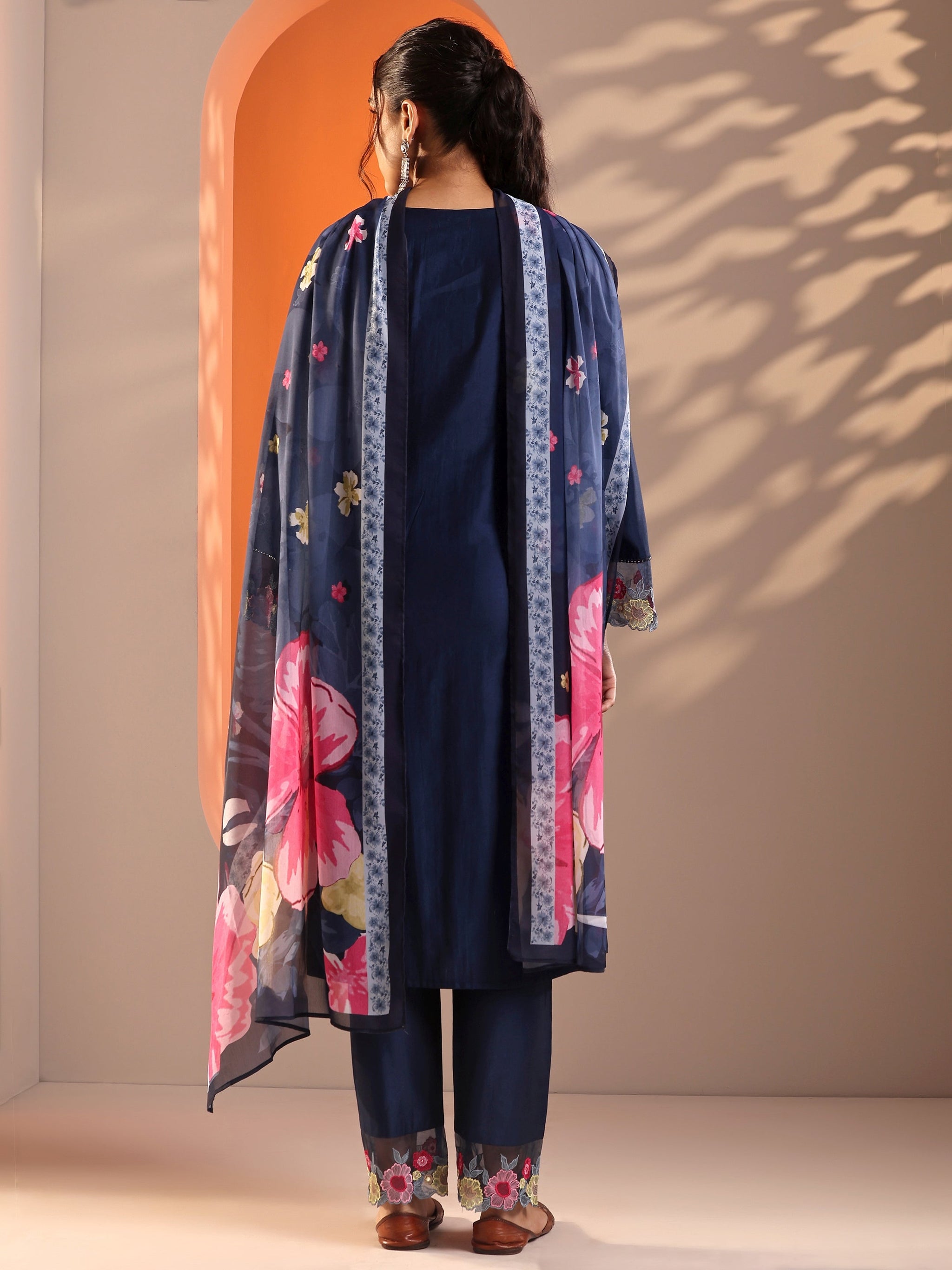 Libas Navy Blue Embroidered Silk Blend Straight Suit Set With Dupatta