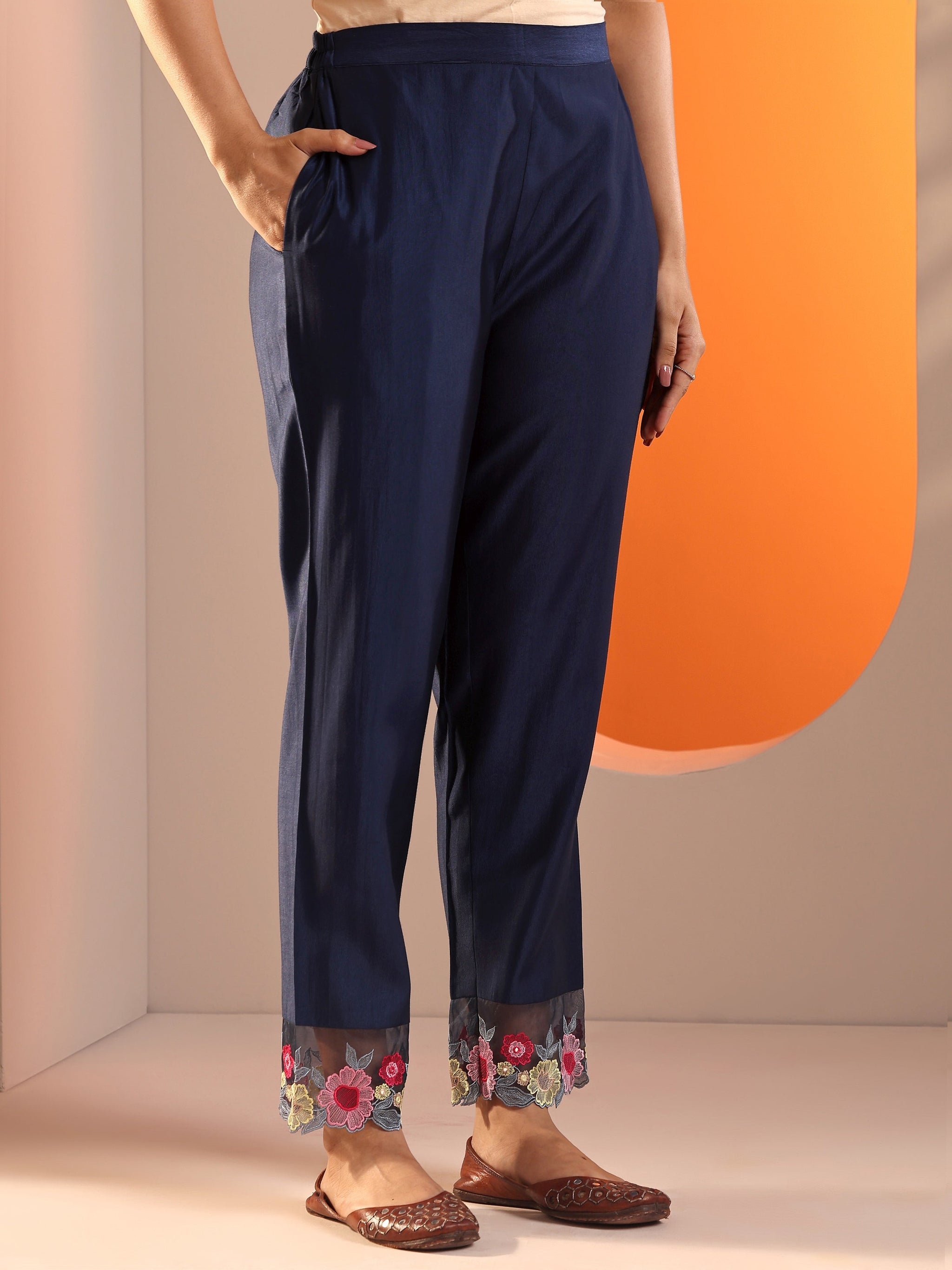 Libas Navy Blue Embroidered Silk Blend Straight Suit Set With Dupatta