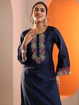 Libas Navy Blue Embroidered Silk Blend Straight Suit Set With Dupatta