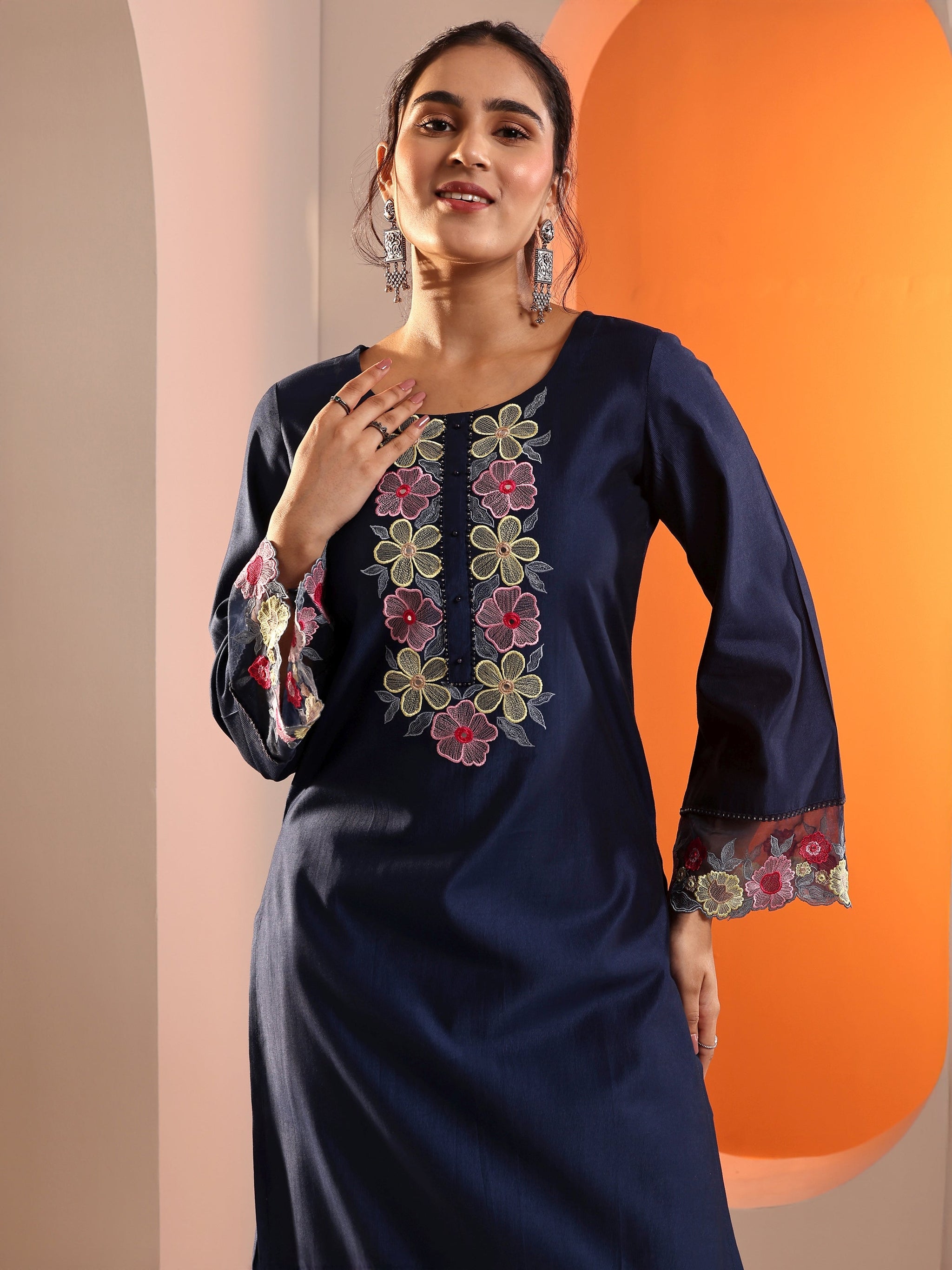 Libas Navy Blue Embroidered Silk Blend Straight Suit Set With Dupatta