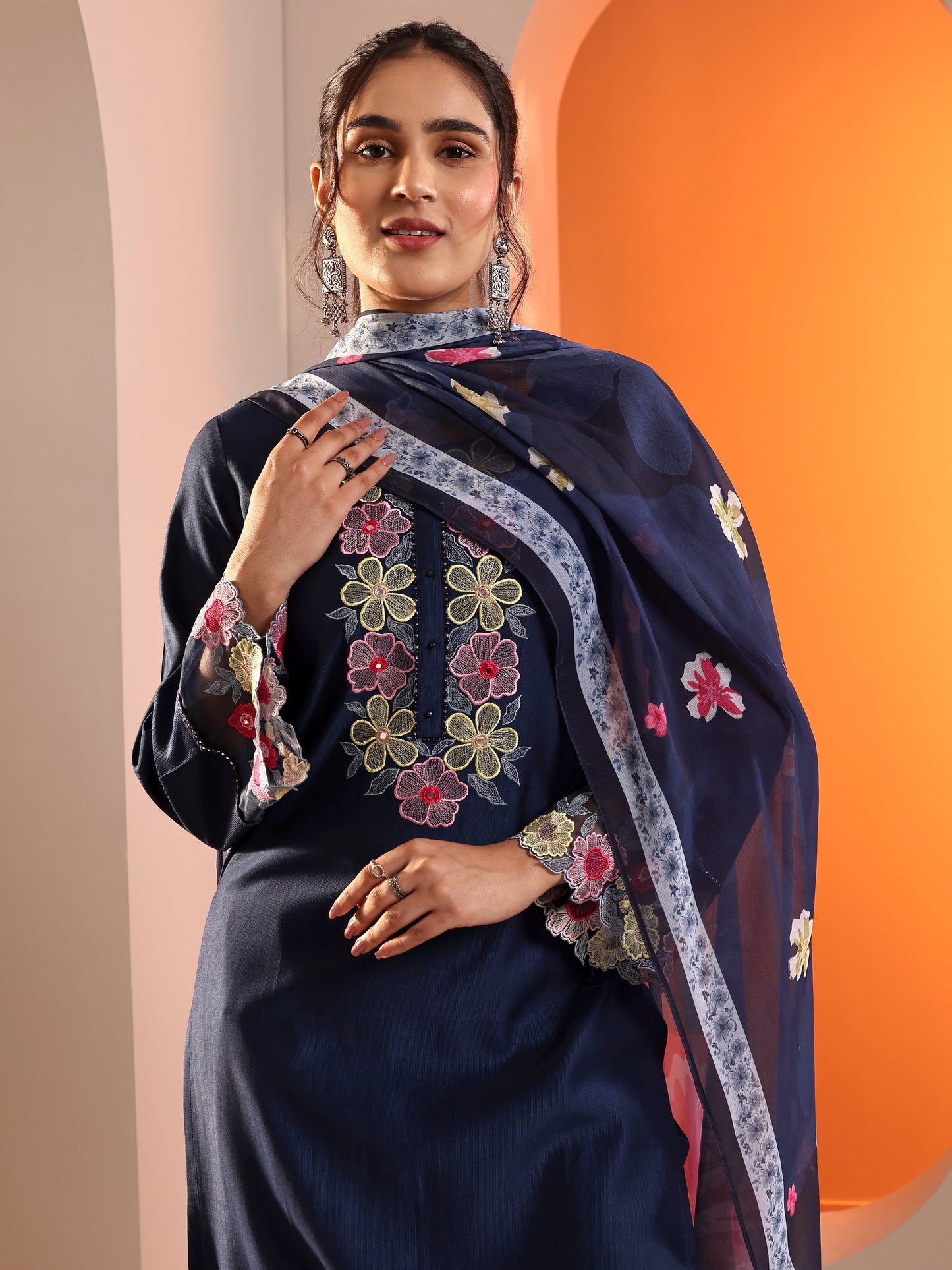 Libas Navy Blue Embroidered Silk Blend Straight Suit Set With Dupatta