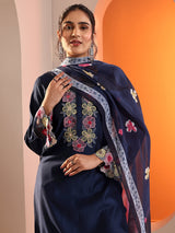 Libas Navy Blue Embroidered Silk Blend Straight Suit Set With Dupatta