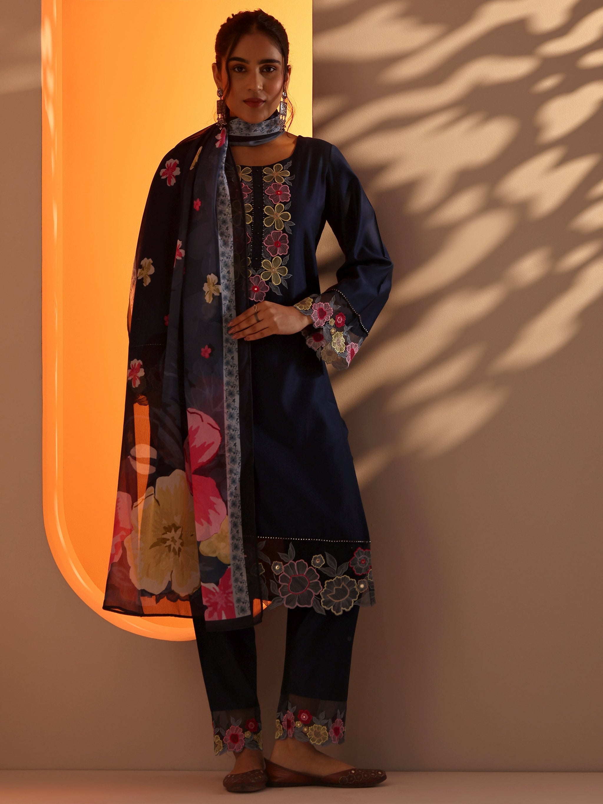 Libas Navy Blue Embroidered Silk Blend Straight Suit Set With Dupatta