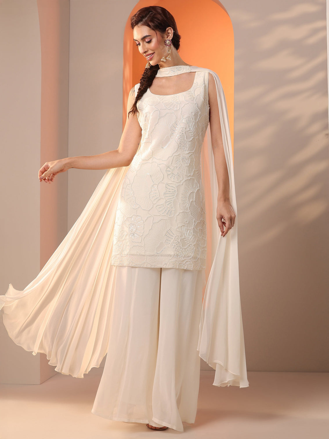 Mameraa White Embellished Georgette Straight Suit Set With Dupatta