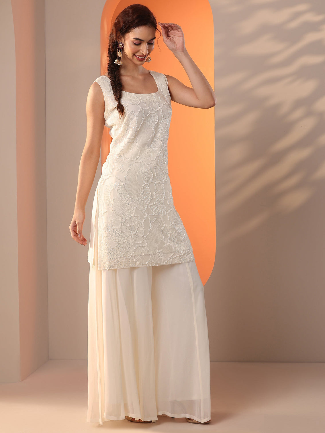 Mameraa White Embellished Georgette Straight Suit Set With Dupatta
