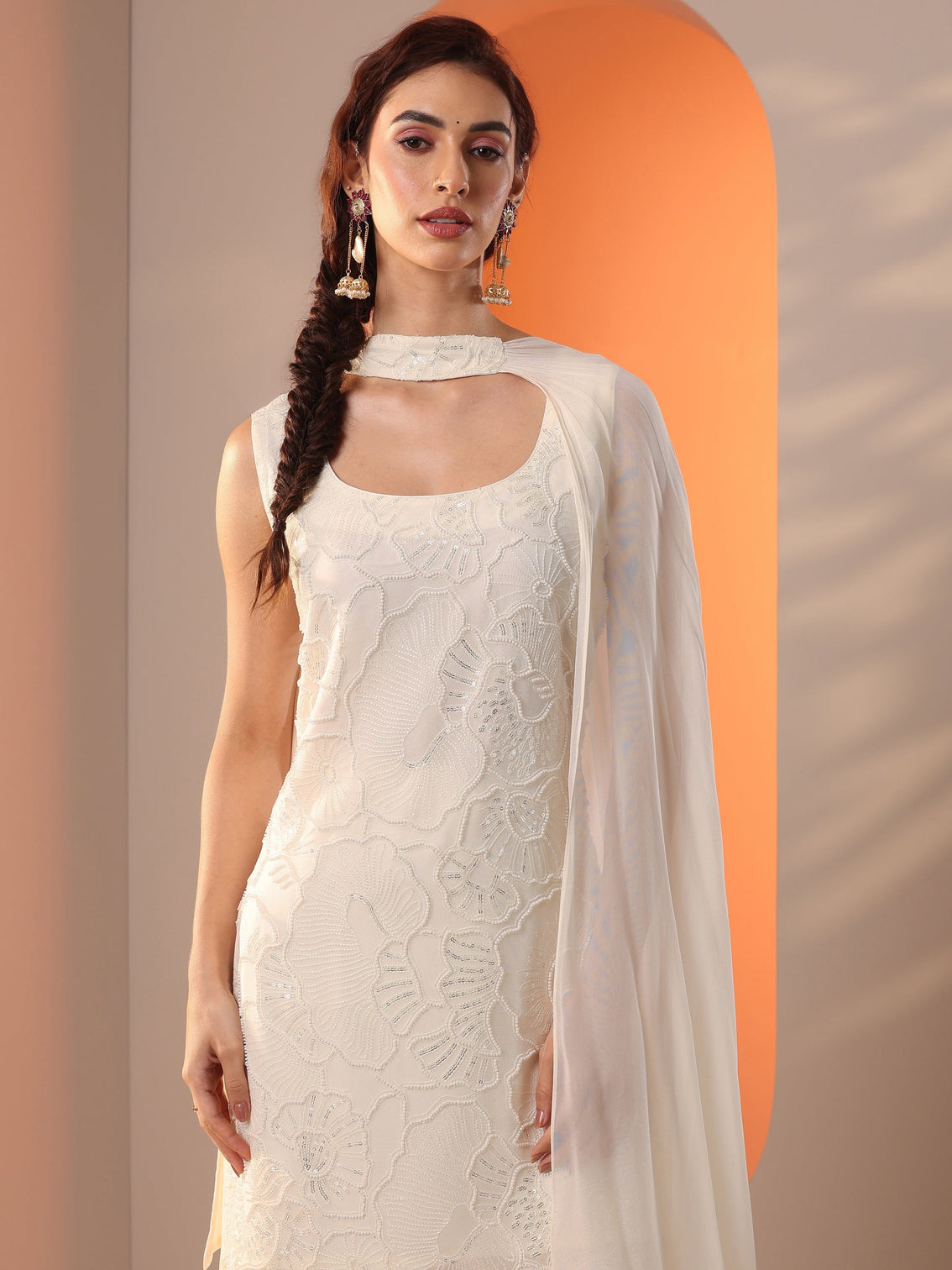 Mameraa White Embellished Georgette Straight Suit Set With Dupatta