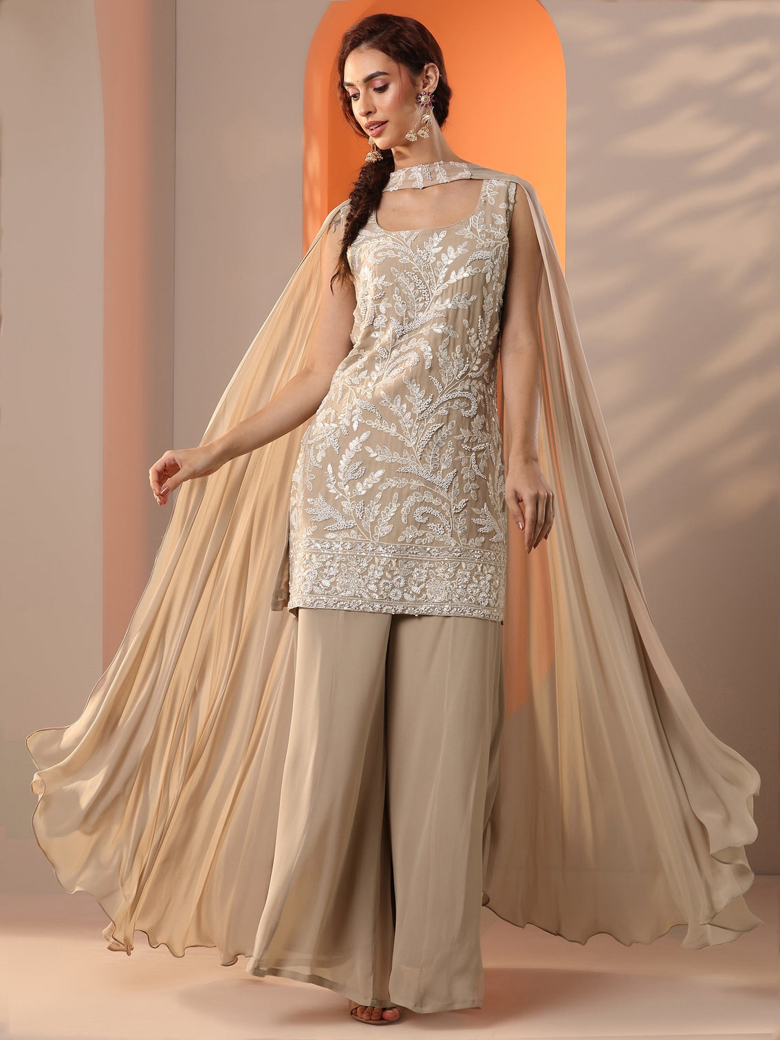 Mameraa Tan Embellished Georgette Straight Suit Set With Dupatta