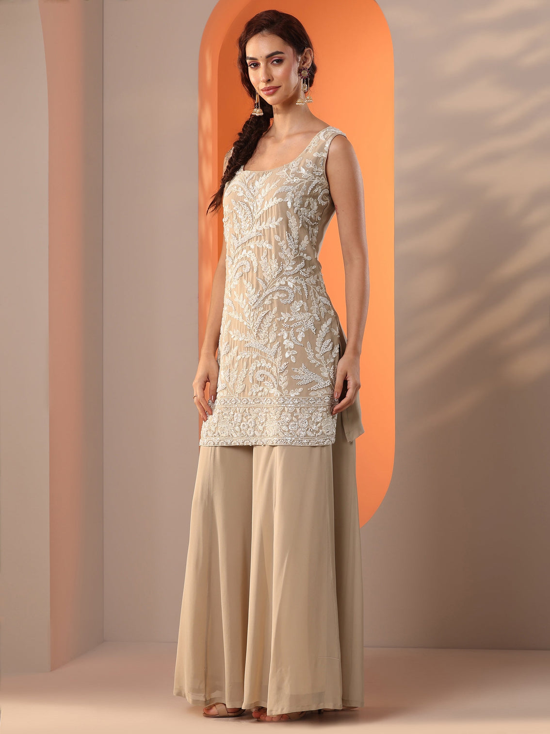 Mameraa Tan Embellished Georgette Straight Suit Set With Dupatta
